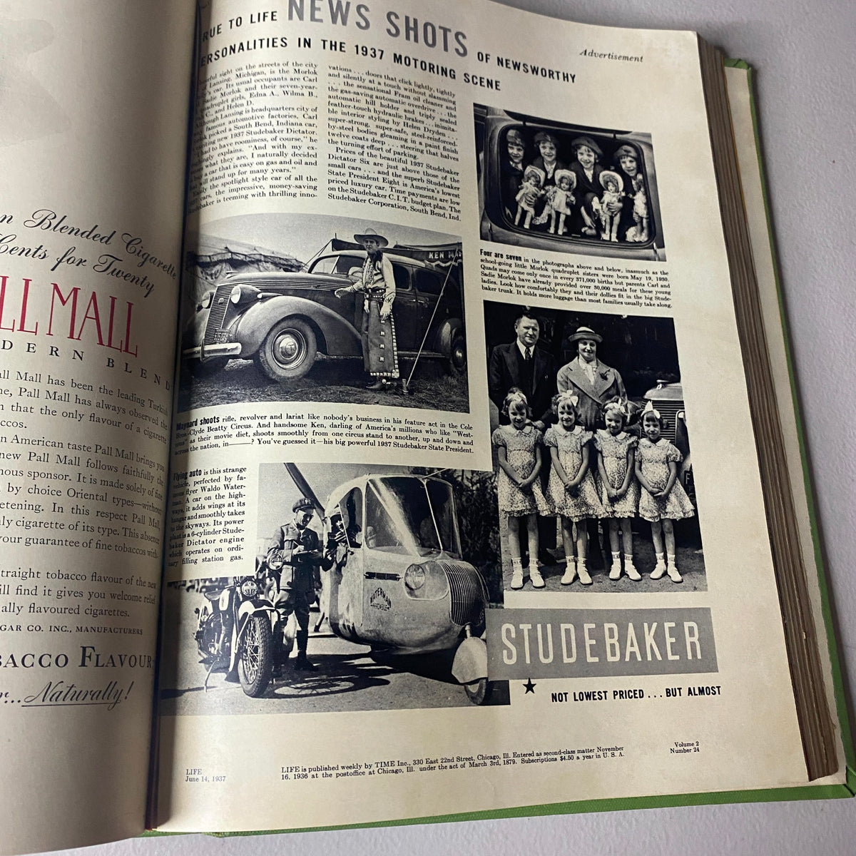Advertisement in VTG 1937 Bound Life Magazine showcasing Pall Mall cigarettes and news related to Studebaker and other vehicles in the 1937 motoring scene.
