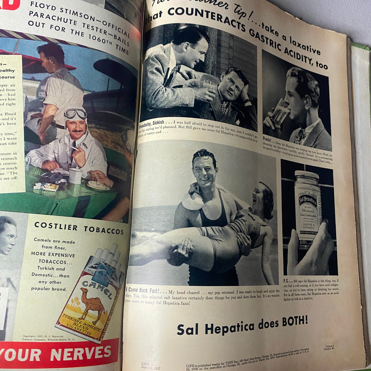 Another interior page from the VTG 1937 Bound Life Magazine, highlighting health product ads and lifestyle tips from the 1930s, showcasing vintage fashion and beach scenes.
