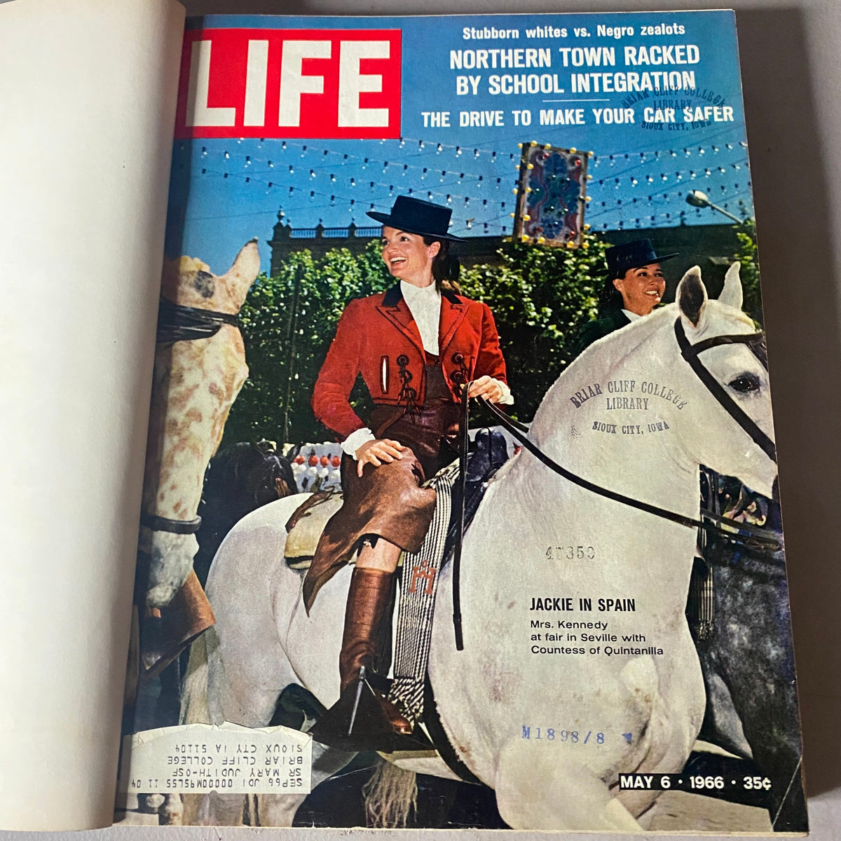 Cover of the VTG 1966 Bound Life Magazine May - June Weekly Issue featuring Jacqueline Kennedy in Spain, dressed in a formal outfit on horseback with vibrant background decorations.