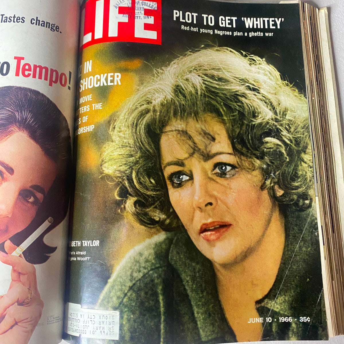Cover of VTG 1966 Bound Life Magazine from June 10, featuring Elizabeth Taylor and a discussion on censorship in movies. Significant piece of 1960s pop culture history.