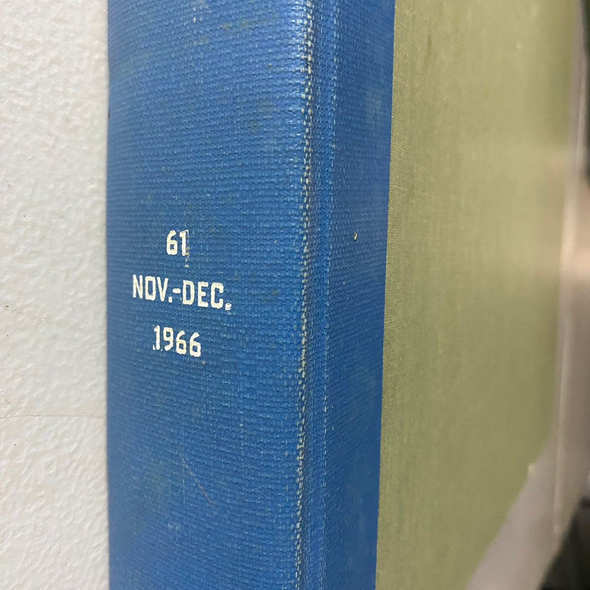 Close-up of the spine of the VTG 1966 Bound Life Magazine November - December Weekly Issue featuring publication date.
