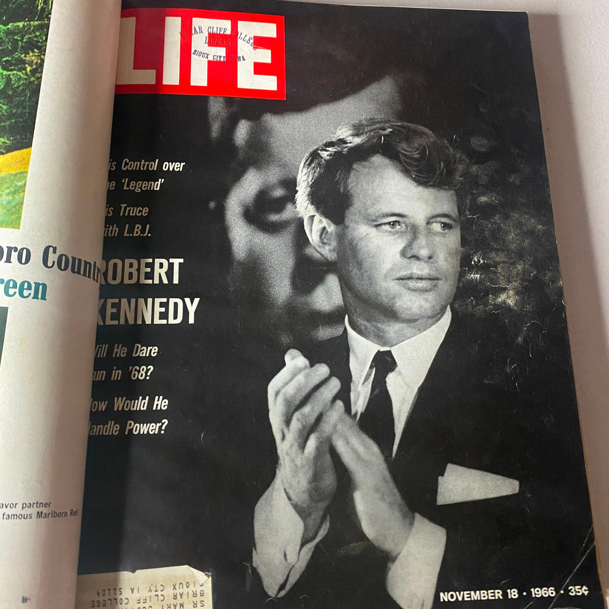 VTG 1966 Bound Life Magazine November 18 cover featuring Robert F. Kennedy, discussing his political prospects and leadership, set against a backdrop of significant historical moments.