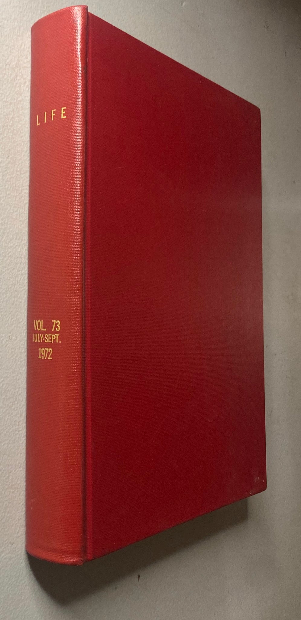 VTG 1972 Bound Life Magazine spine detail, highlighting volume number 73 and the date range July to September.