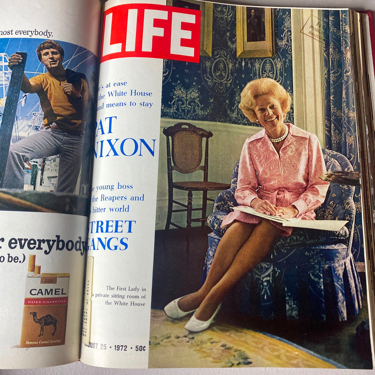 Cover of VTG 1972 Bound Life Magazine featuring Pat Nixon, showcasing her seated in a private sitting room of the White House, highlighting cultural insights from the early 1970s.