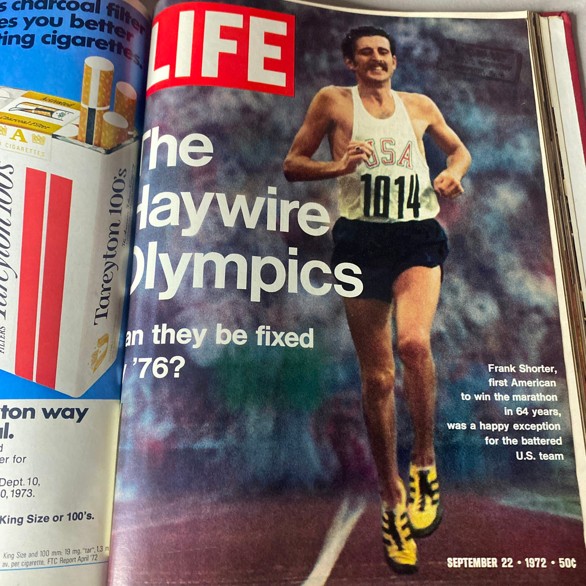 Cover of VTG 1972 Bound Life Magazine featuring Frank Shorter, first American to win the marathon in 64 years, discussing the upcoming 1976 Olympics.
