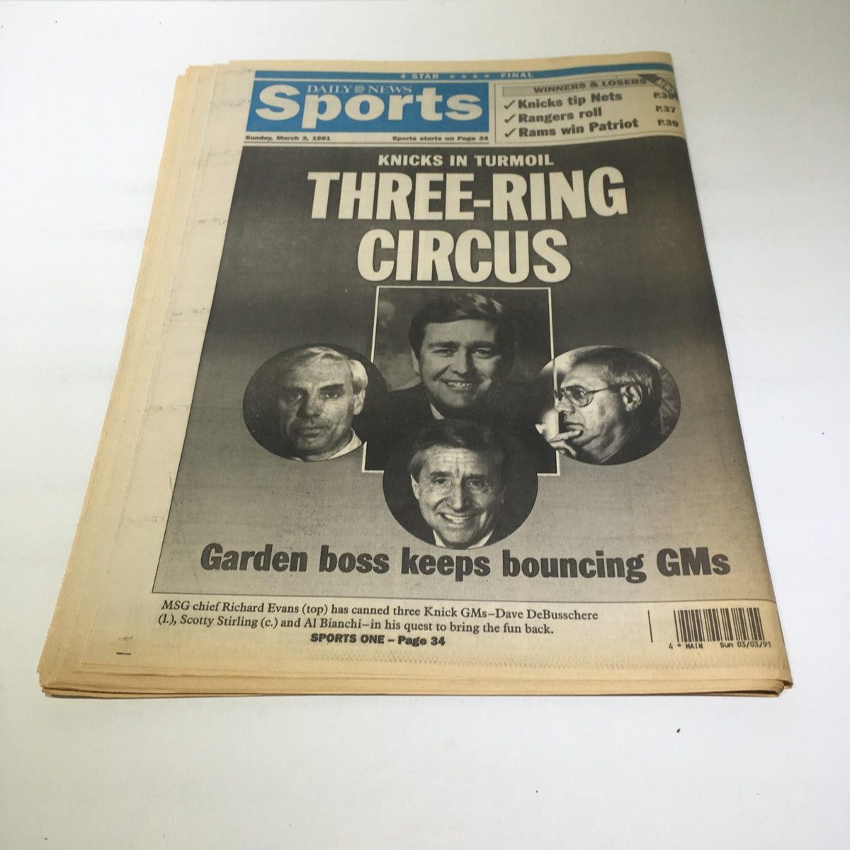 NY Daily News: March 3 1991, featuring a cover story titled 'Three-Ring Circus' about the New York Knicks amidst turmoil, showcasing sports news during the Gulf War coverage.