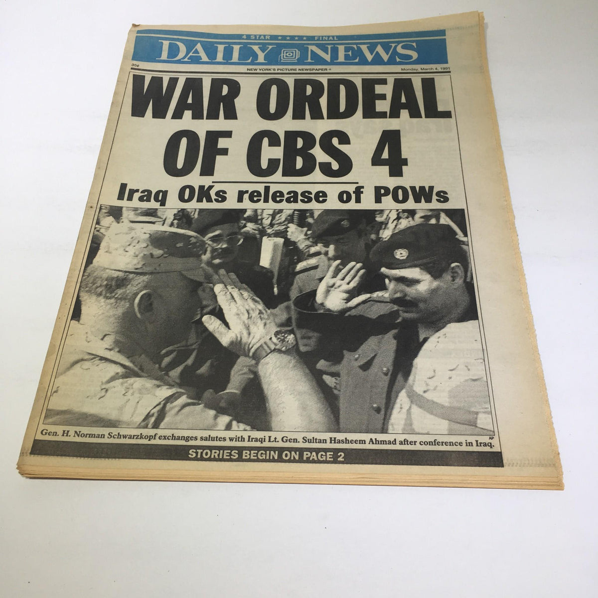 NY Daily News front page from March 4, 1991, titled 'WAR ORDEAL OF CBS 4' covering Iraq's approval of POW releases.