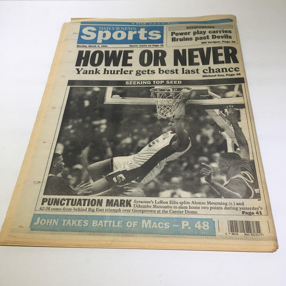 NY Daily News sports section front page from March 4, 1991, featuring the headline 'HOWE OR NEVER' highlighting sports news.