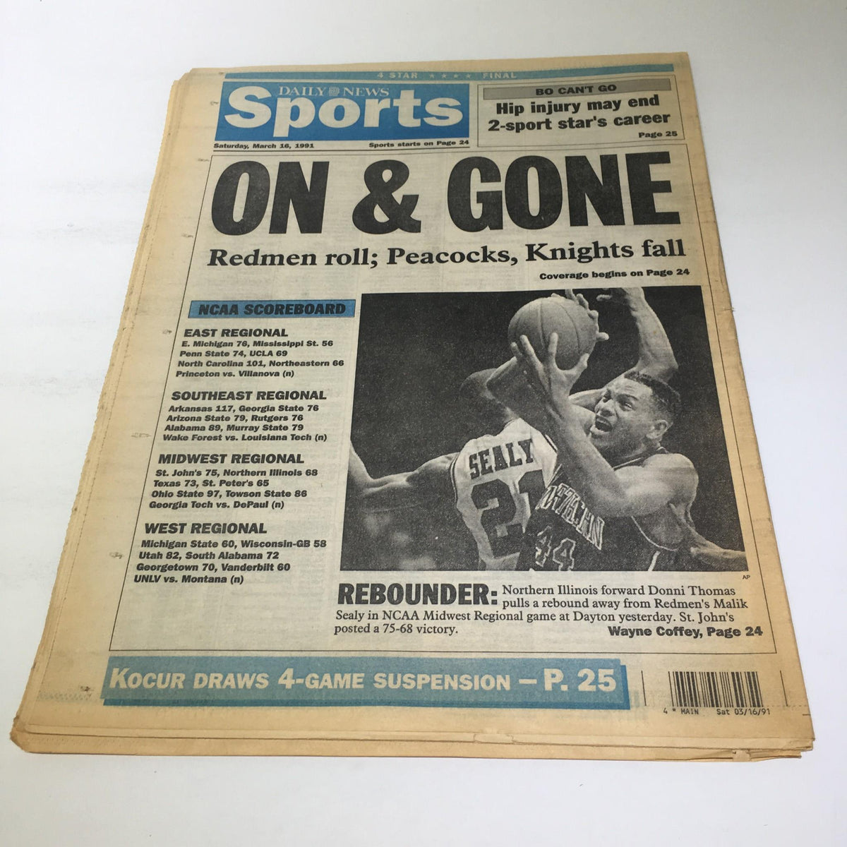 Sports section of the NY Daily News dated March 16, 1991, with a headline 'ON & GONE' and covering NCAA basketball results.