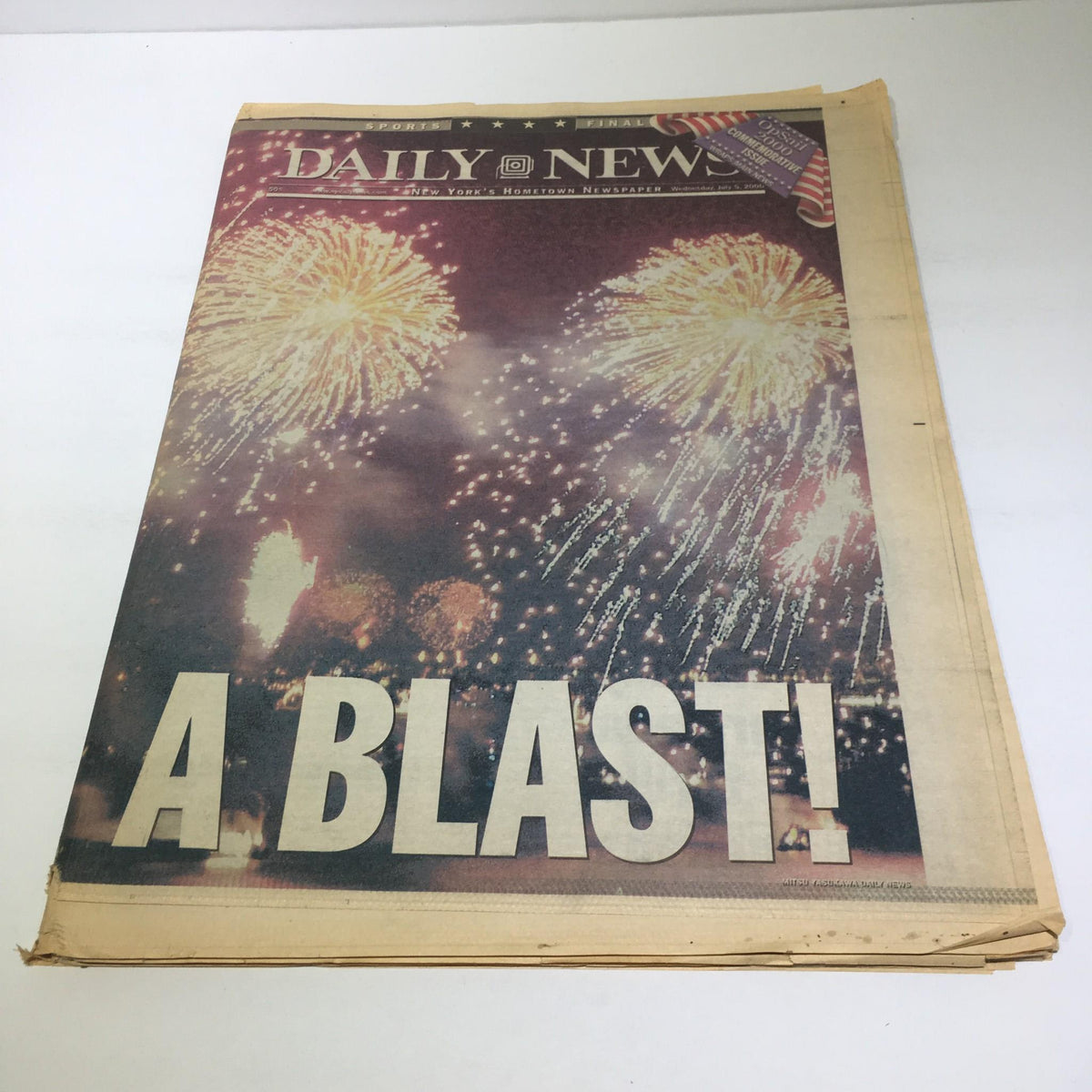 Front page of the New York Daily News dated March 16, 1991, featuring a colorful display of fireworks with the headline 'A Blast!'.