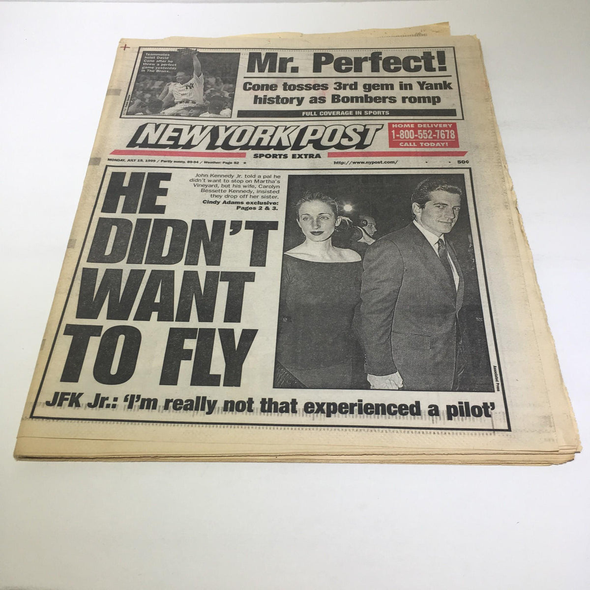 New York Post headline from July 19, 1999, reading 'He Didn't Want to Fly,' featuring artwork and an image related to JFK Jr.'s tragic story.