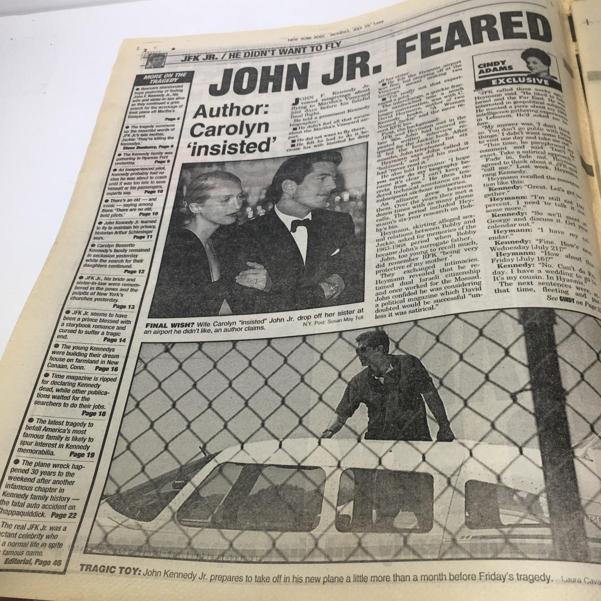 New York Post article titled 'He Didn't Want to Fly JFK Jr. Death,' featuring a dramatic story about John F. Kennedy Jr. with images of him and his wife Carolyn Bessette Kennedy.