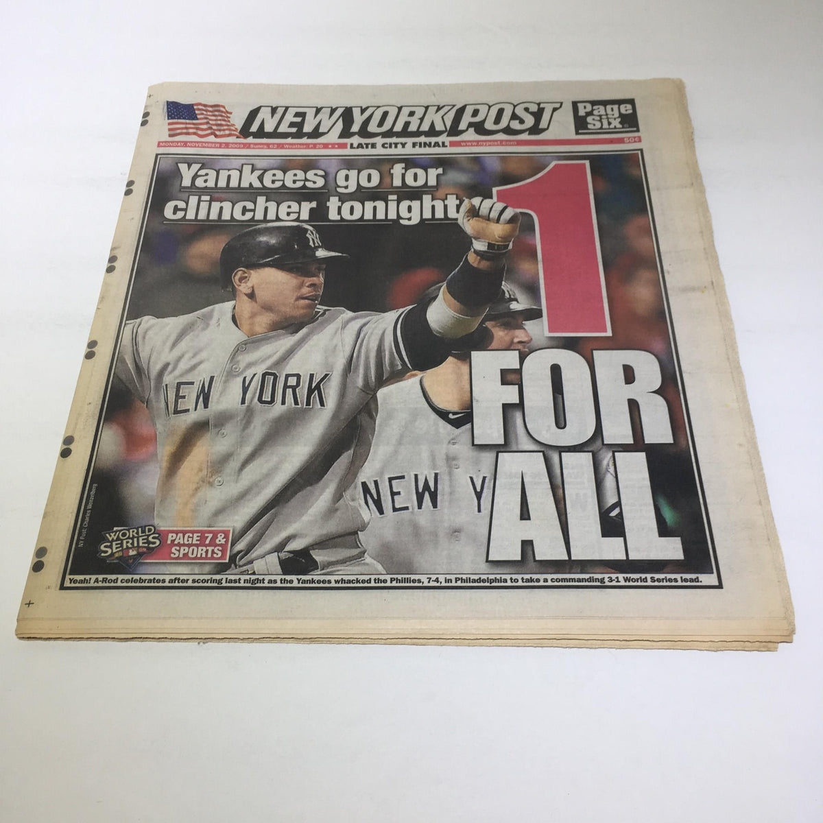 New York Post headline 'Yankees Go for Clincher Tonight, 1 For All' featuring a player celebrating, encapsulating a pivotal moment in the 2009 World Series.