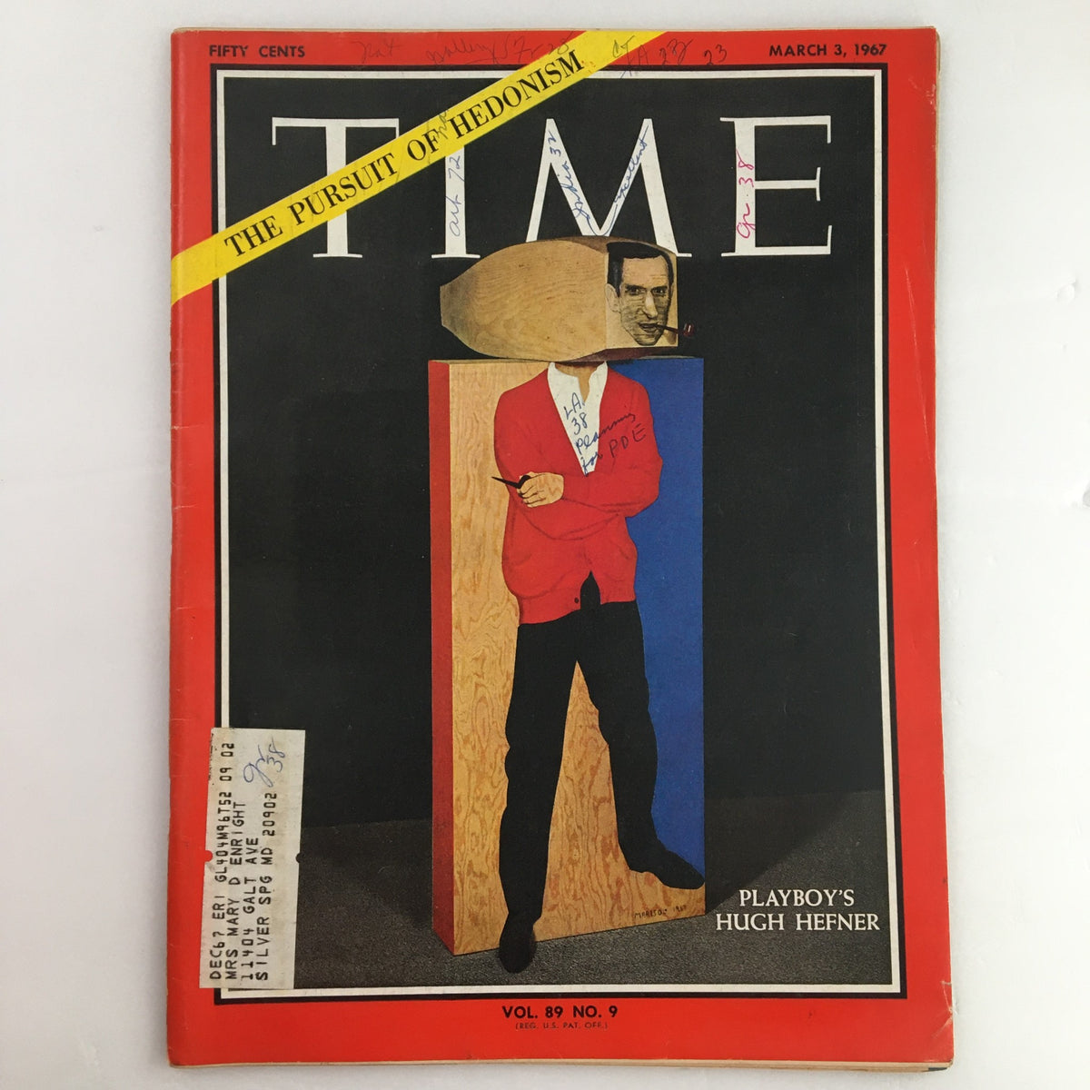 Cover of Time Magazine, March 3, 1967, featuring Hugh Hefner with the headline 'The Pursuit of Hedonism'. This issue is Volume 89, No. 9, exploring the life and philosophy of Hugh Hefner.