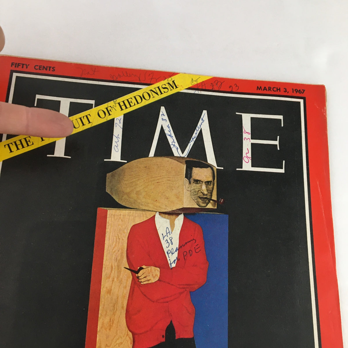 Detailed view of Time Magazine cover from March 3, 1967, highlighting Hugh Hefner and the banner 'The Pursuit of Hedonism'. This cover art reflects the provocative themes of the issue.