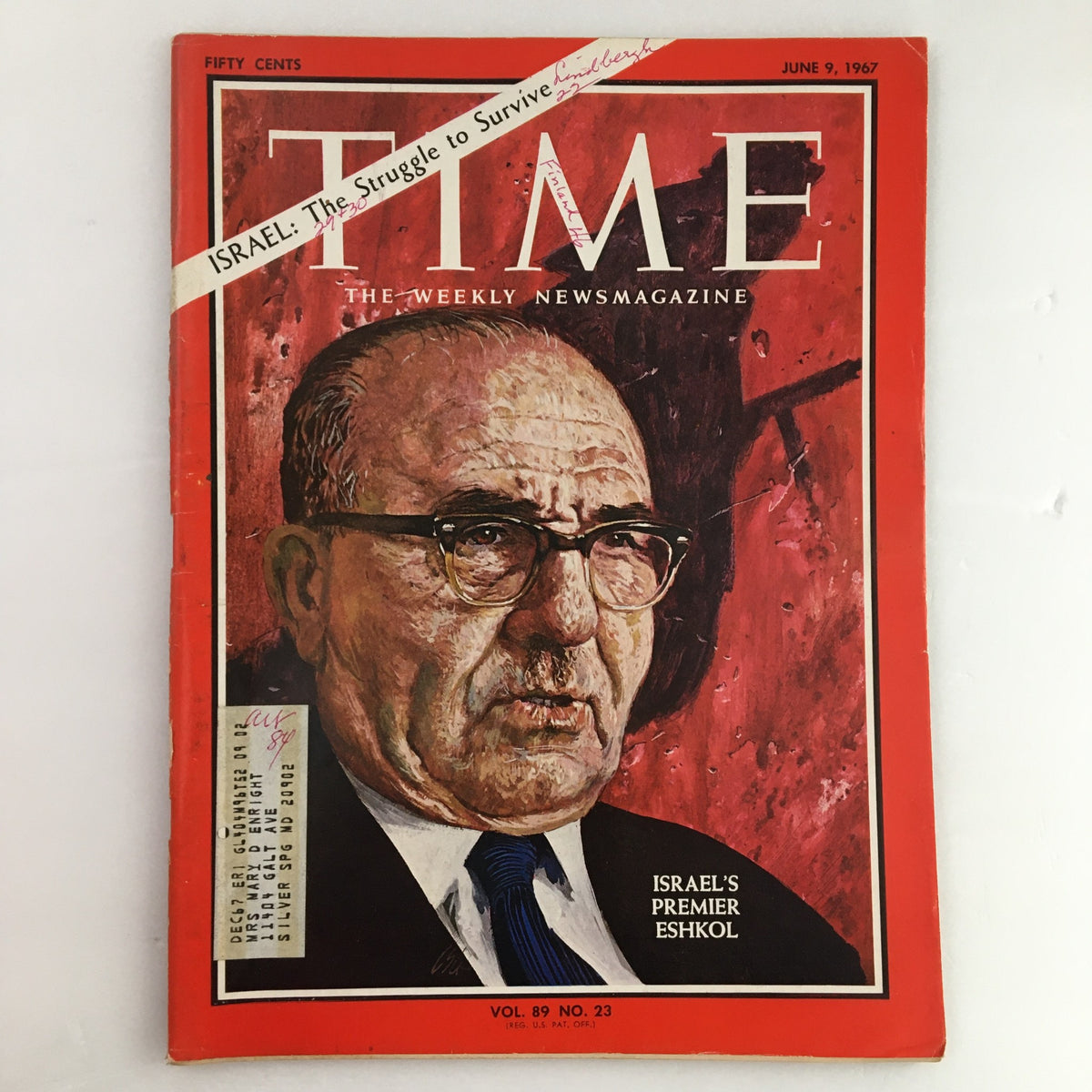 Cover of Time Magazine June 9, 1967, Vol. 89 No. 23 featuring Israel's Premier Levi Eshkol, showcasing a portrait illustration of Eshkol with a striking red background.