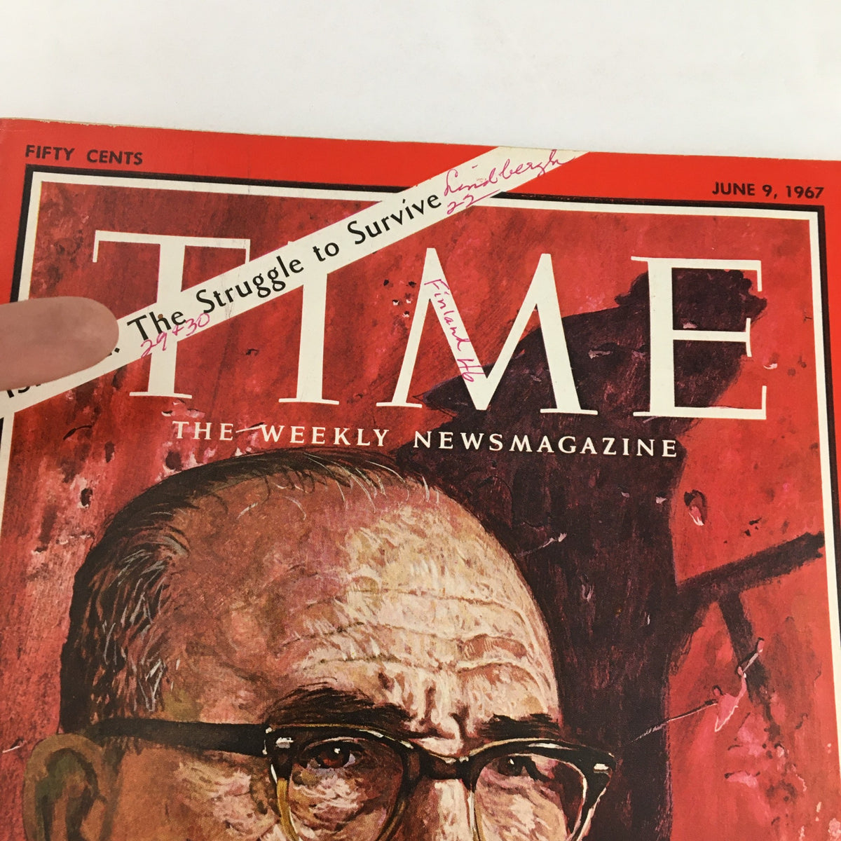Close-up of Time Magazine June 9, 1967 cover with the title and the words 'The Struggle to Survive' printed across the top, alongside a portrait of Israel's Premier Levi Eshkol.