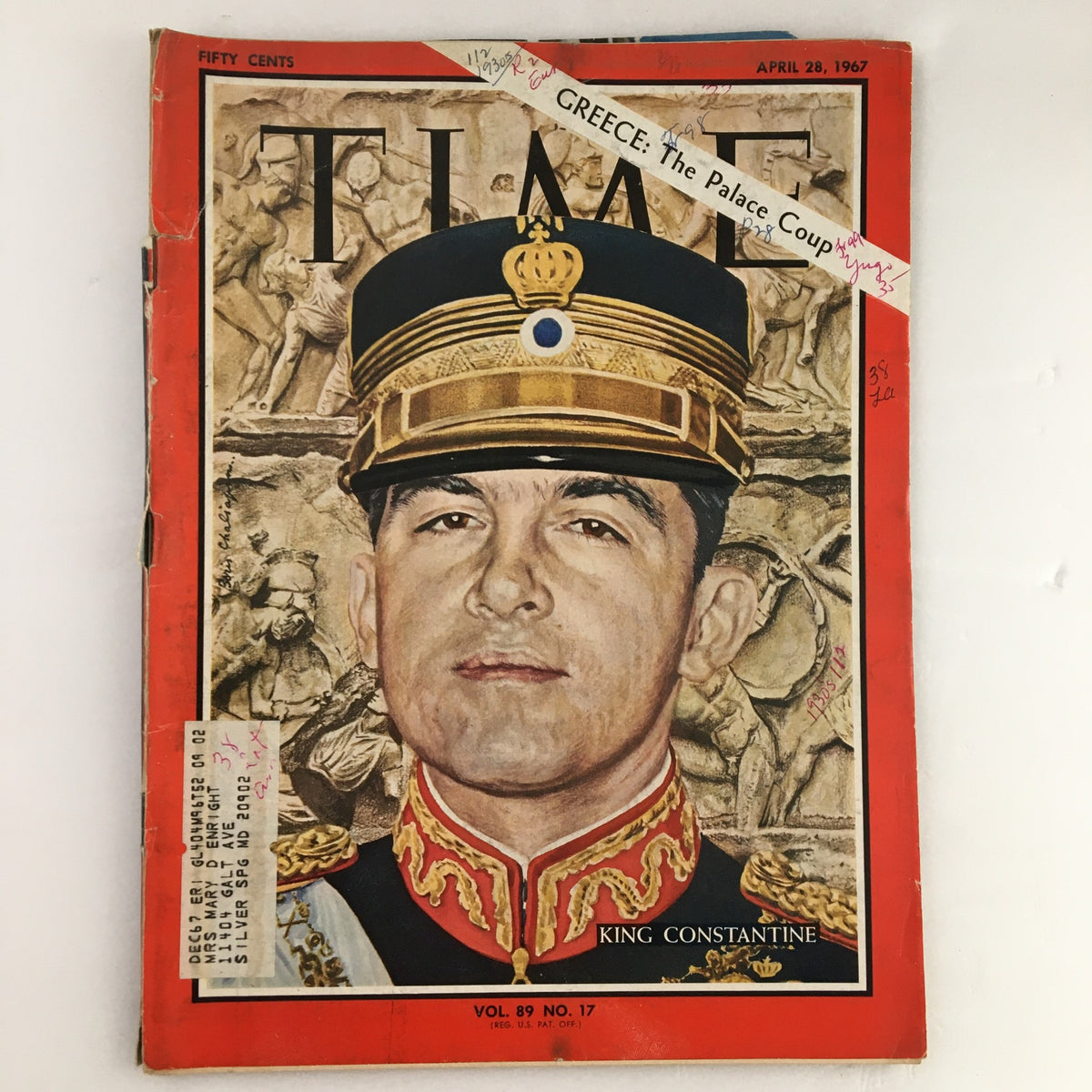 Cover of Time Magazine from April 28, 1967, featuring King Constantine II of Greece. The magazine highlights the political situation in Greece with the title 'GREECE: The Palace Coup'. Volume 89, No. 17.