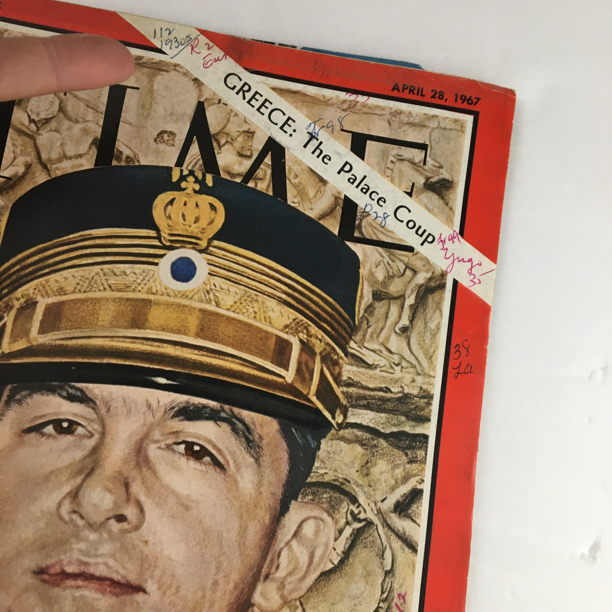 Close-up of the Time Magazine cover from April 28, 1967, showing King Constantine II of Greece and the headline 'GREECE: The Palace Coup'. Volume 89, No. 17.