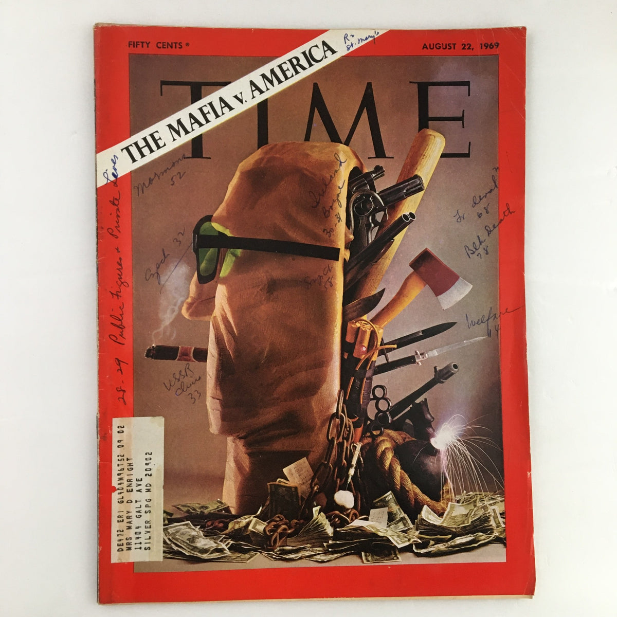 Time Magazine August 22 1969 Vol. 94 No. 8 cover featuring 'The Mafia vs. America' with a visual representation of guns and tools symbolizing organized crime.