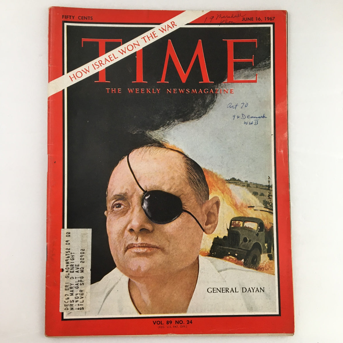 Cover of Time Magazine June 16 1967 Vol. 89 No. 24 featuring General Moshe Dayan of Israel, showcasing a vintage design with bold red lettering and historic imagery.