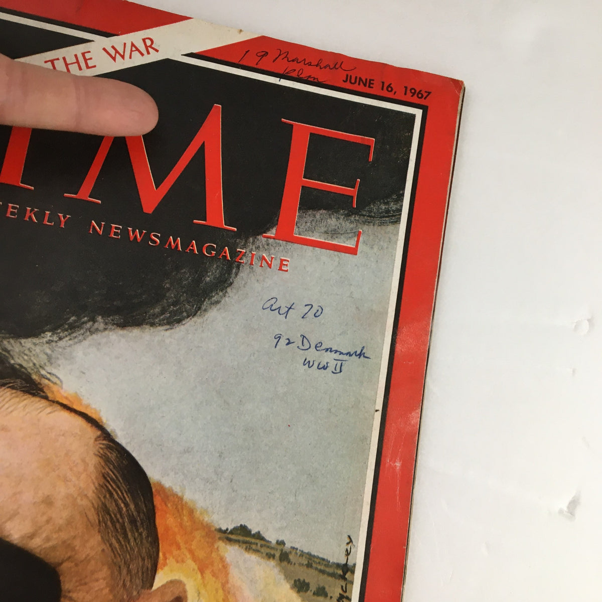 Close-up of Time Magazine June 16 1967 cover, highlighting General Moshe Dayan of Israel, with annotations and details visible on the magazine.