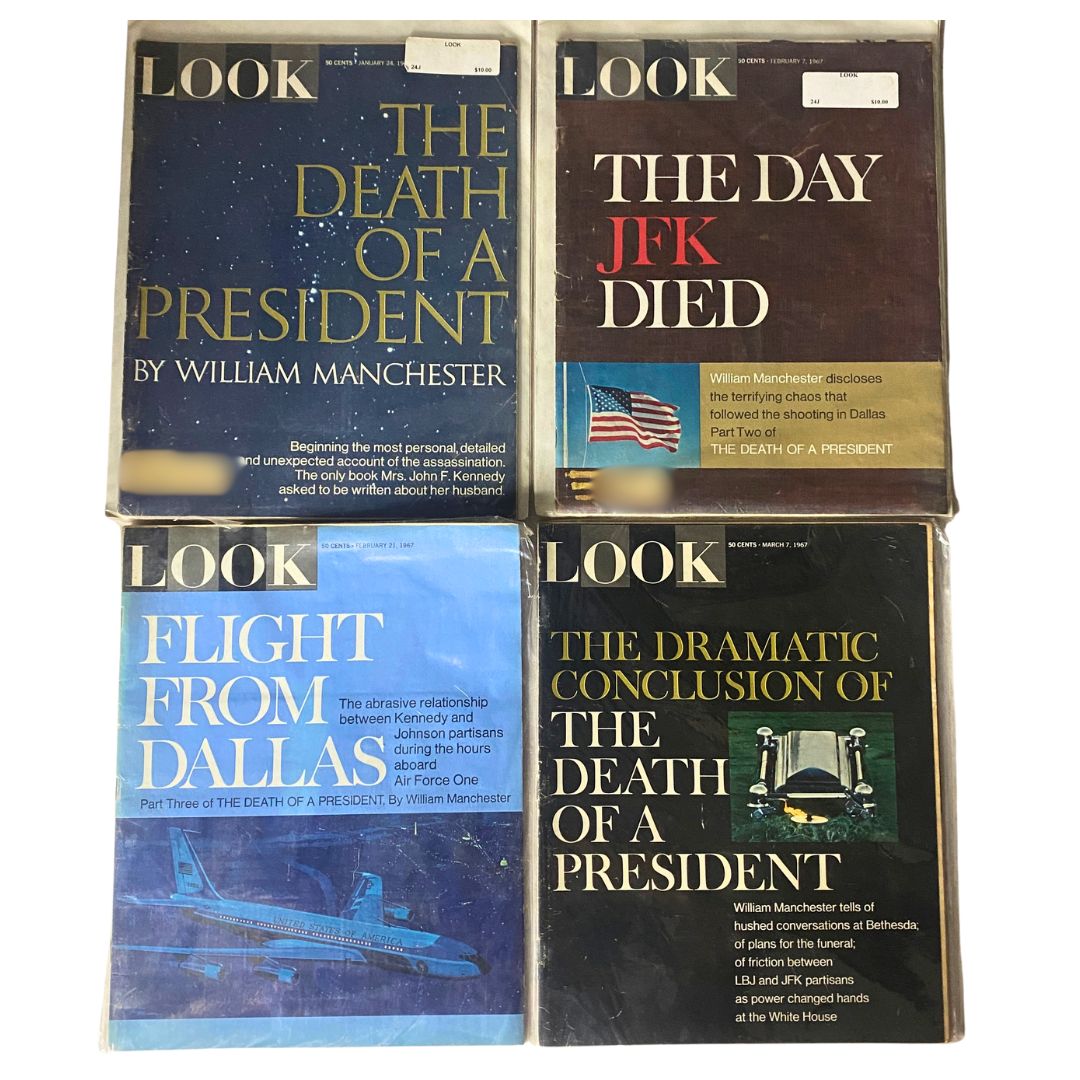 Lot of 4 Vintage Look Magazine Issues from 1967 featuring articles on The Death of John F. Kennedy, including covers highlighting JFK's legacy.