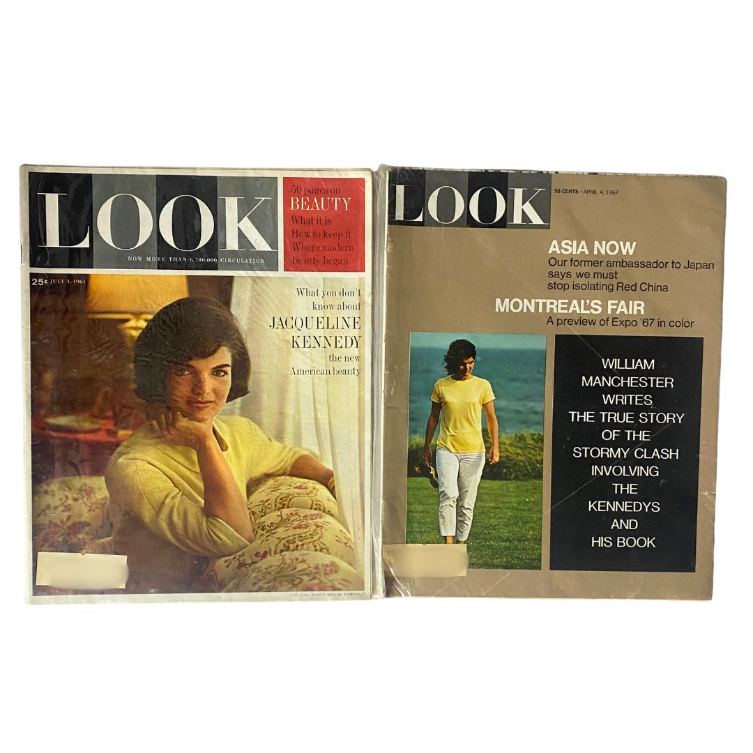 Vintage Look magazine covers featuring Jacqueline Kennedy and an issue discussing the JFK Memorial, included in 'Lot of 5 VTG Look Magazine 1964 1967 Jacqueline Kennedy & The JFK Memorial Issue'.