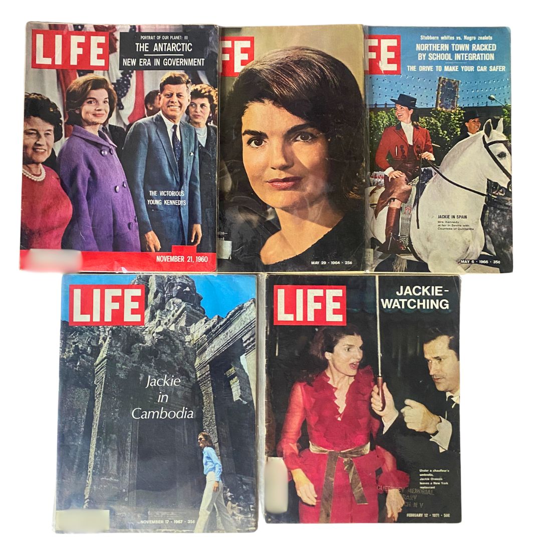 Lot of 5 VTG Life Magazines showcasing iconic moments featuring John F. Kennedy and Jackie Kennedy, including covers from November 21, 1960, and February 12, 1971.