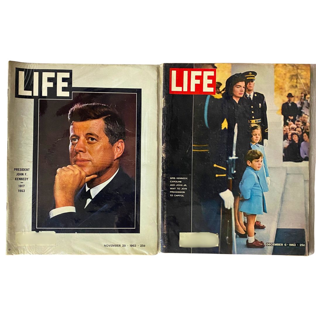 Lot of 2 VTG Life Magazine November December 1963 featuring John F. Kennedy on the cover with iconic images related to his legacy.