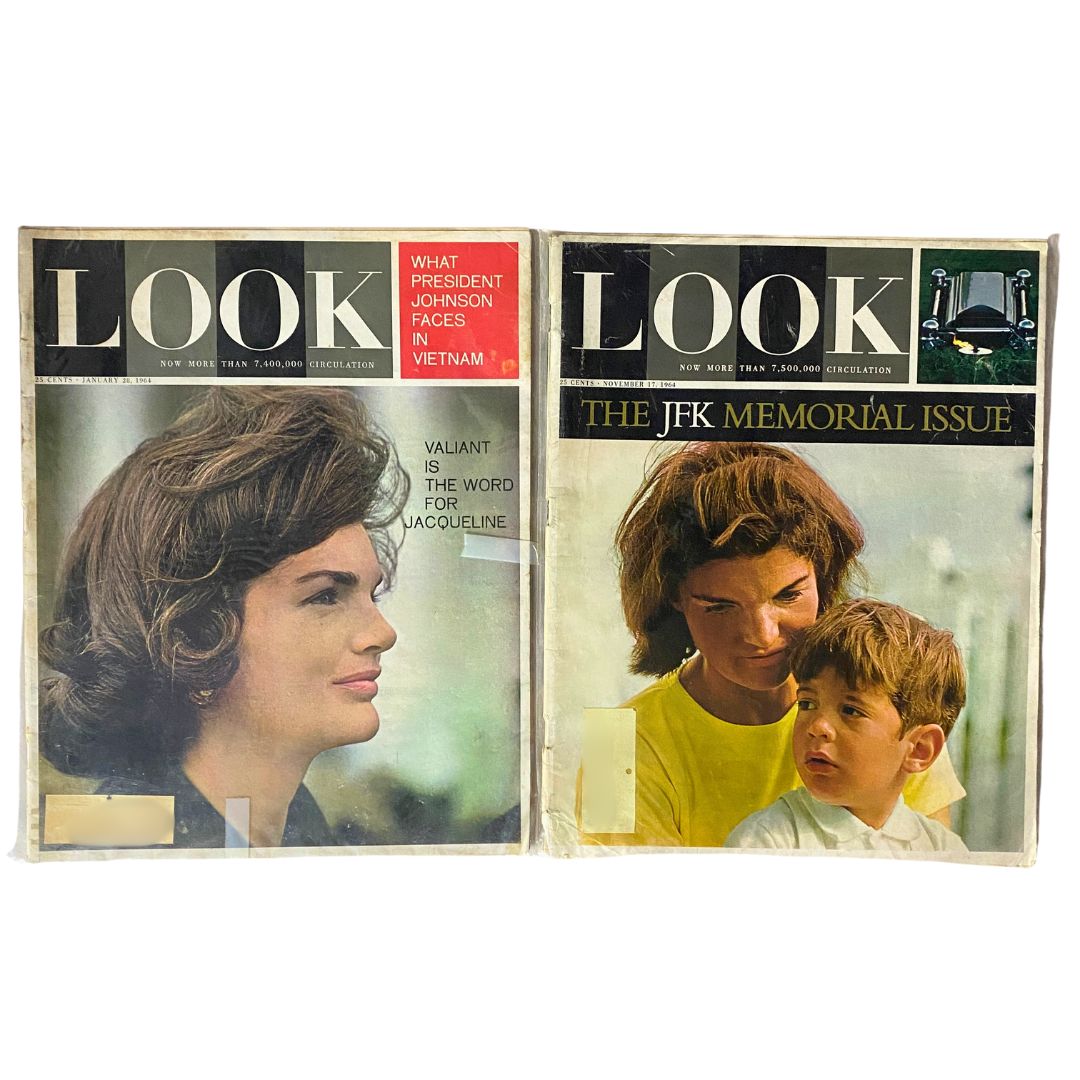 Lot of 2 VTG Look Magazine January & November 1964 featuring Jacqueline Kennedy on the covers, highlighting key moments in American history with vintage photography.