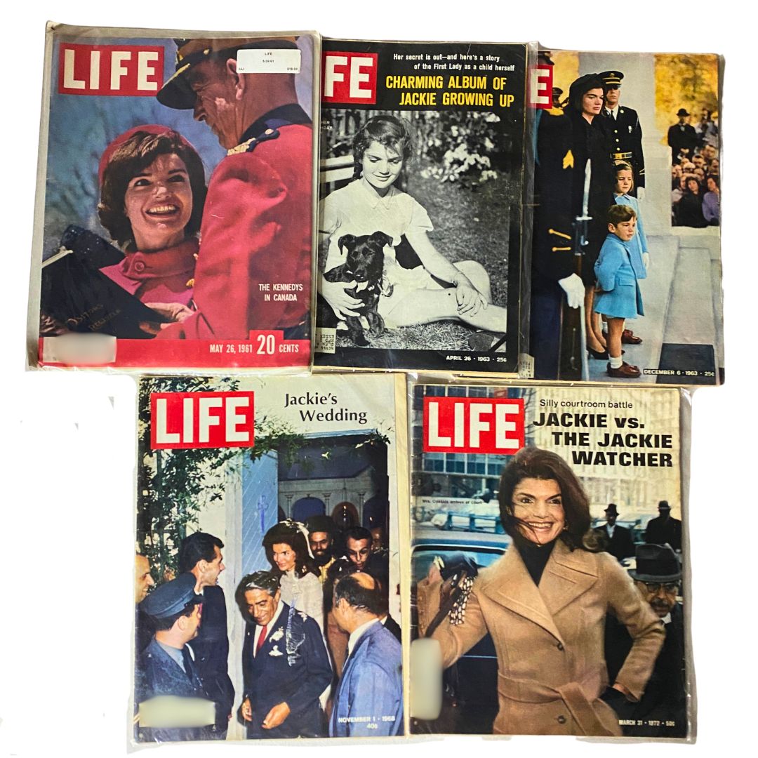 Lot of 5 VTG Life Magazine issues from 1961, 1963, 1968, and 1972 featuring Jacqueline Kennedy on their covers, showcasing significant moments in American history and culture.