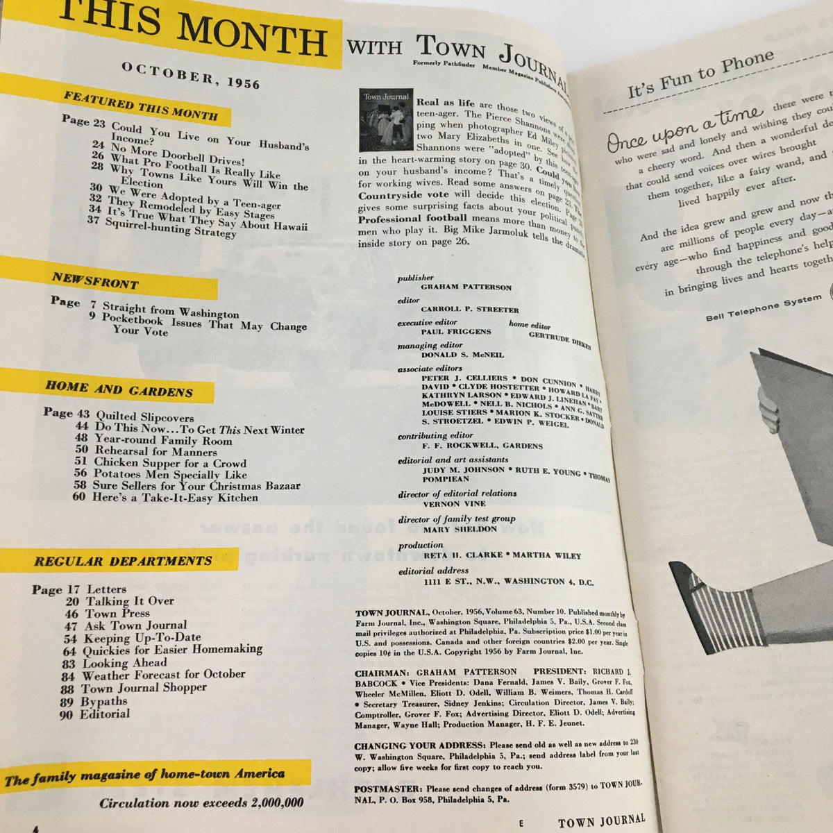 Table of contents page of Town Journal Magazine October 1956, listing featured articles including 'Could You Live On Your Husband's Income', 'Why Towns Like Yours Can Win the Election', and more, highlighting the magazine's diverse topics.