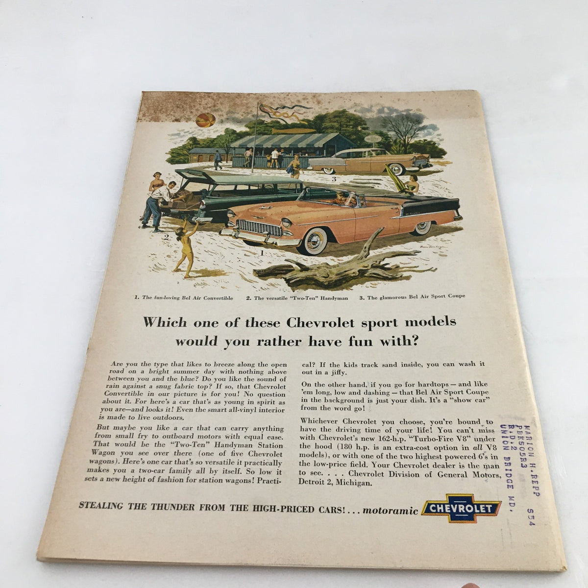 Back cover of Town Journal Magazine September 1955 featuring a Chevrolet advertisement showcasing sport models and family-friendly vehicles amidst a summer setting.