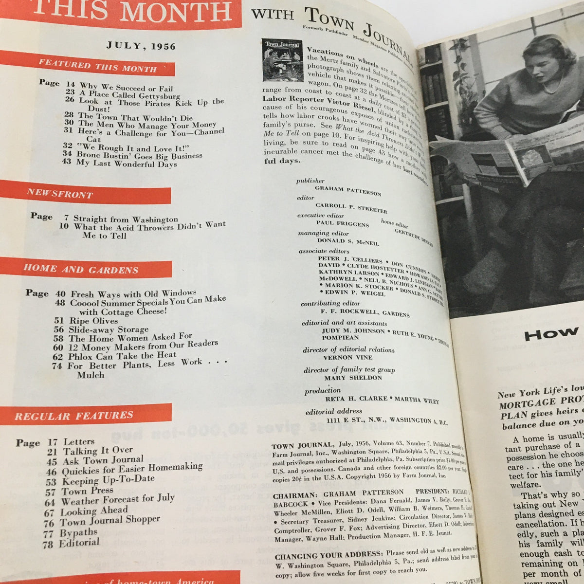 Table of contents page from Town Journal Magazine July 1956, listing featured articles, home and garden tips, and regular features for the issue.