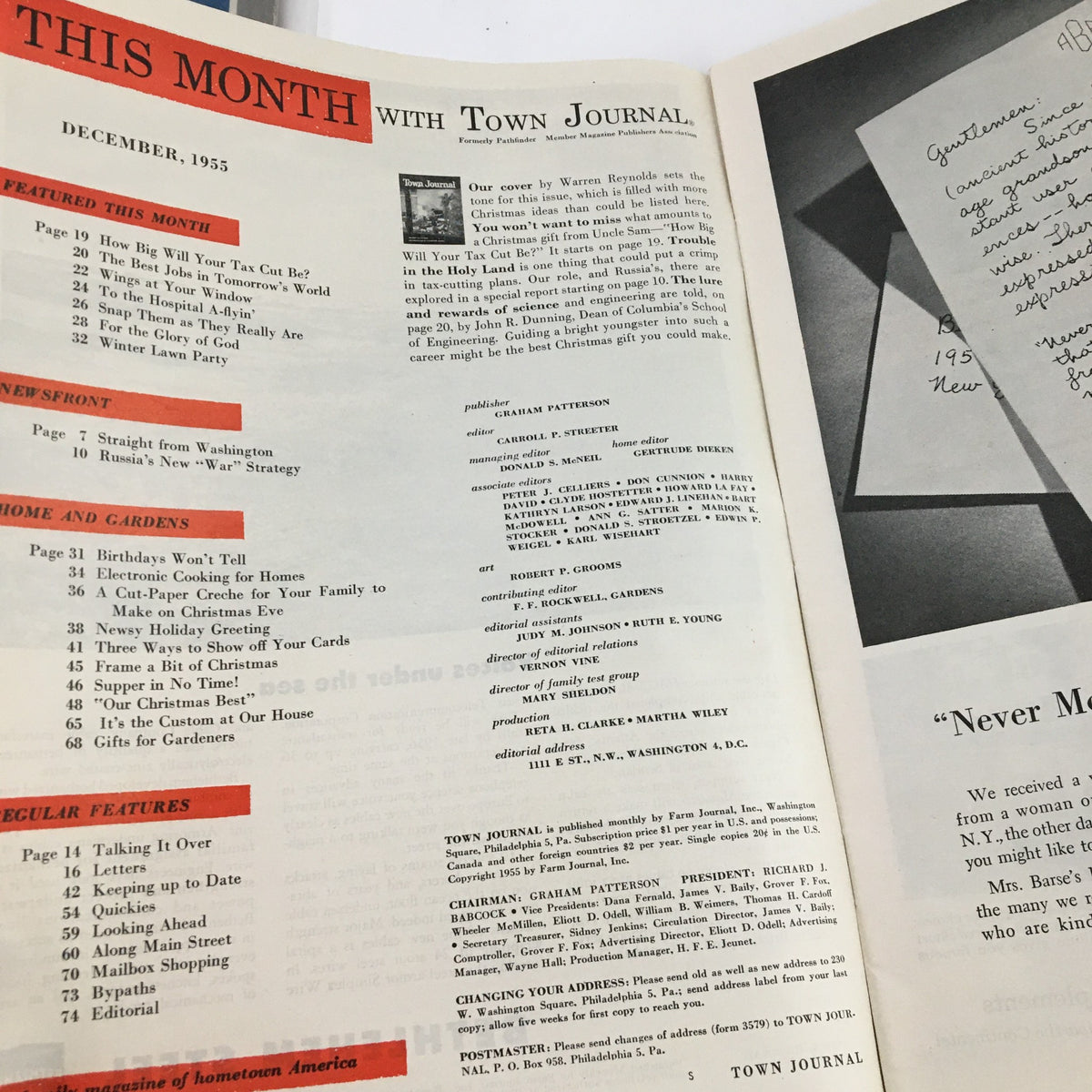 Inside spread of Town Journal Magazine from December 1955, featuring the table of contents and topics such as tax-cutting plans and holiday ideas.