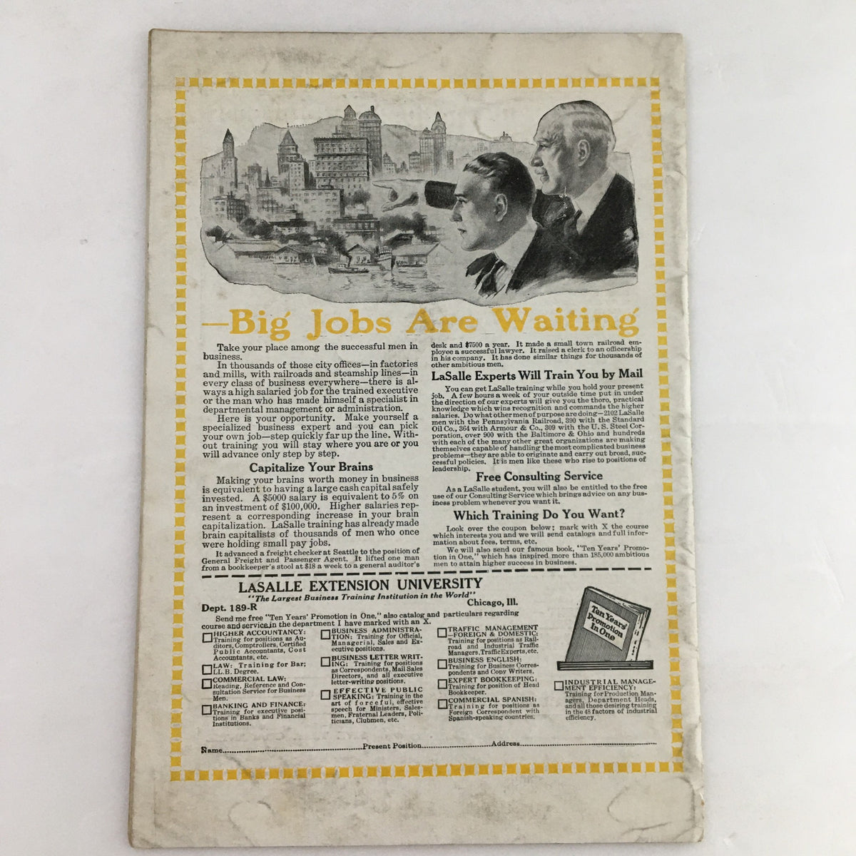 Back cover of Personal Efficiency Magazine January 1920 showcasing an advertisement for LaSalle Extension University and the phrase 'Big Jobs Are Waiting'.