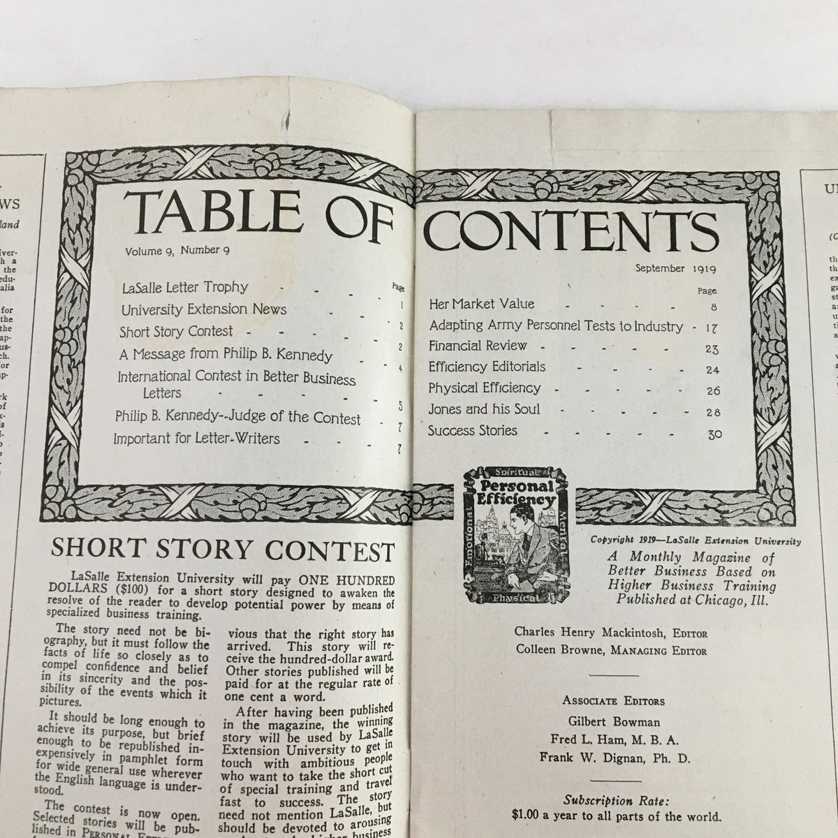 Table of contents page from Personal Efficiency Magazine September 1919 detailing included articles and contributions.