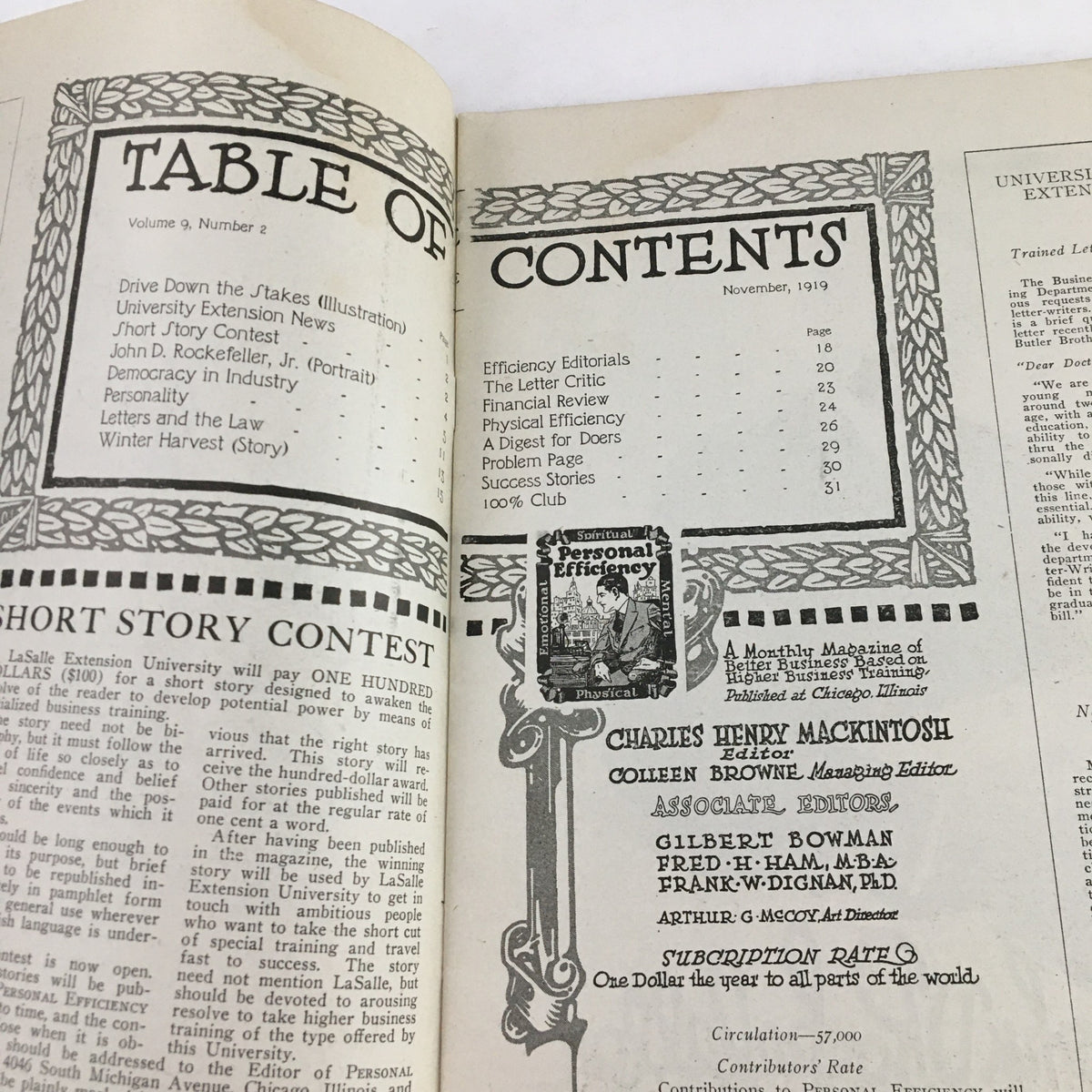 Table of contents for Personal Efficiency Magazine November 1919, listing articles including 'Drive Down the Stakes', showcasing the magazine's focus on enhancing personal efficiency.