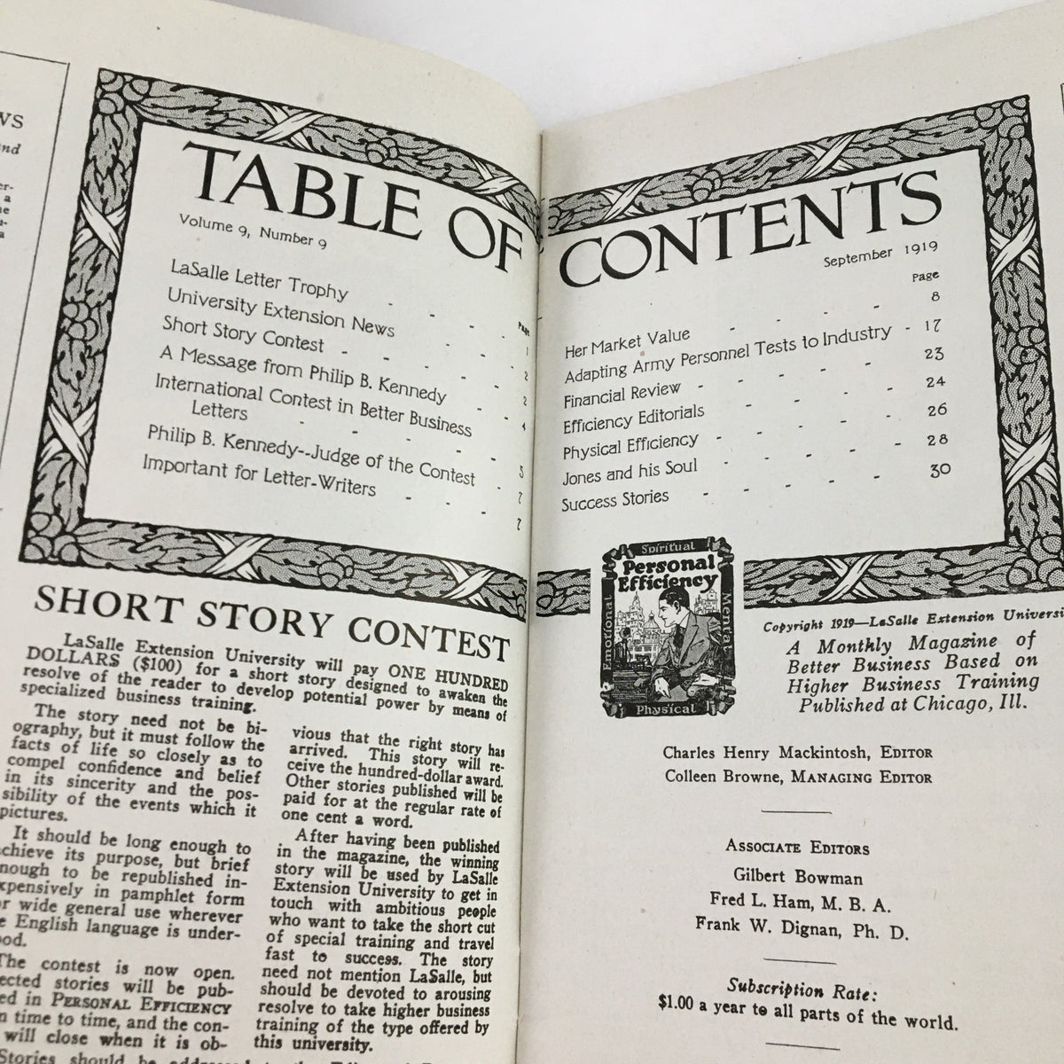 Table of Contents page from Personal Efficiency Magazine September 1919 detailing features like the LaSalle Letter Trophy and various articles on efficiency.