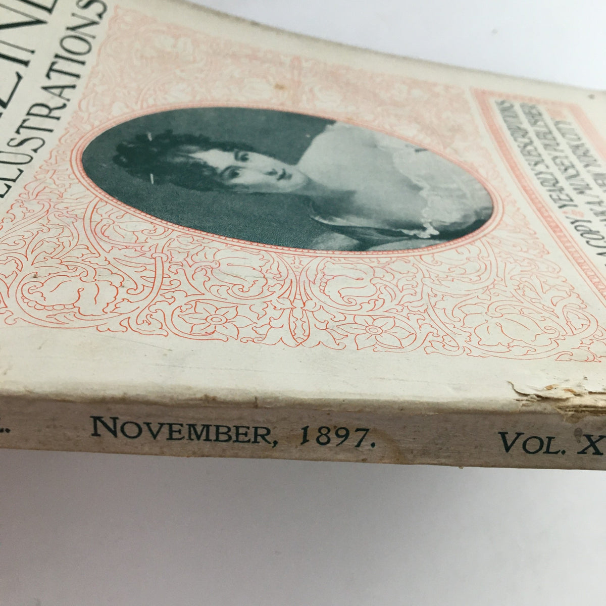 Side angle of Munsey's Magazine November 1897, Vol. 18 No. 2, revealing the publication's details and age, reflecting its historical significance in American art culture.