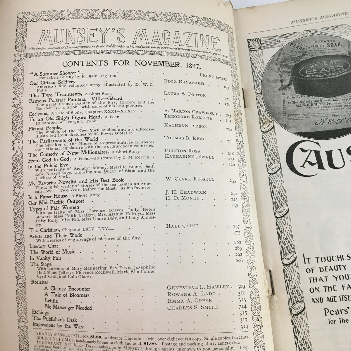 Table of contents from Munsey's Magazine November 1897 Vol. 18 No. 2 featuring sections on famous portrait painters and various articles.