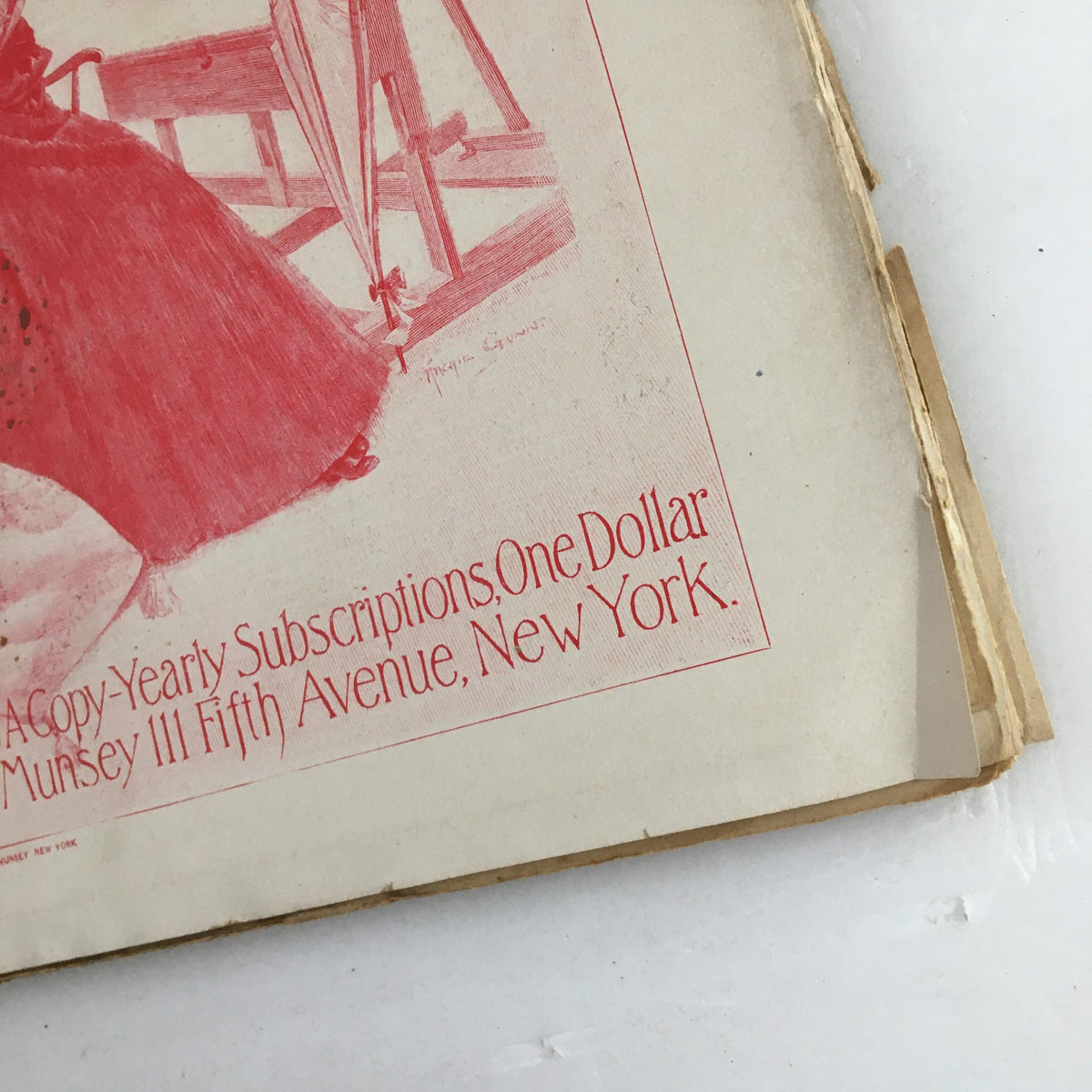 Close-up of the publication details on the cover of Munsey's Magazine Midwinter 1897, showing subscription information and artistic elements.