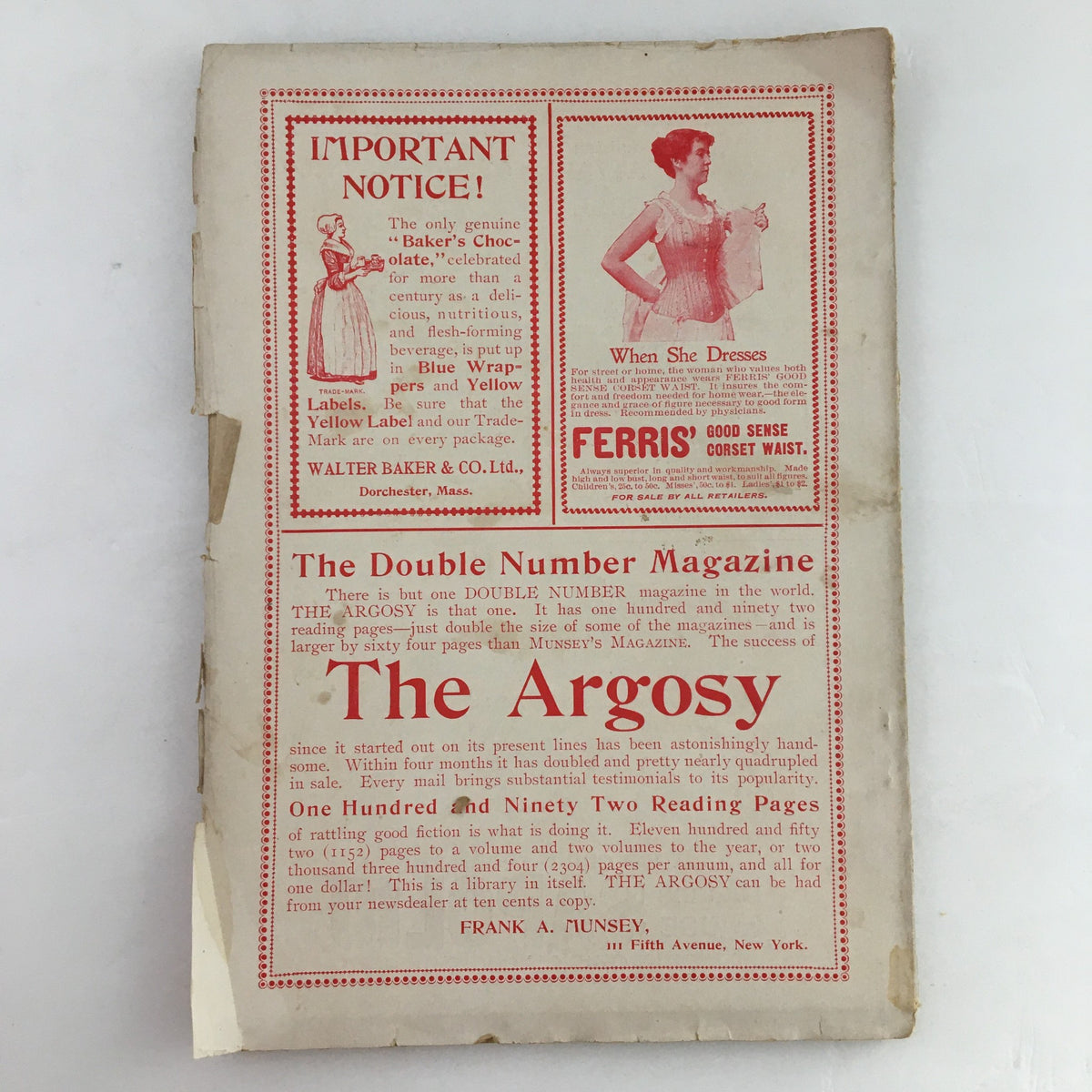 Back cover of Munsey's Magazine Midwinter 1897, featuring advertisements and important notices, showcasing vintage design elements reflective of the era.