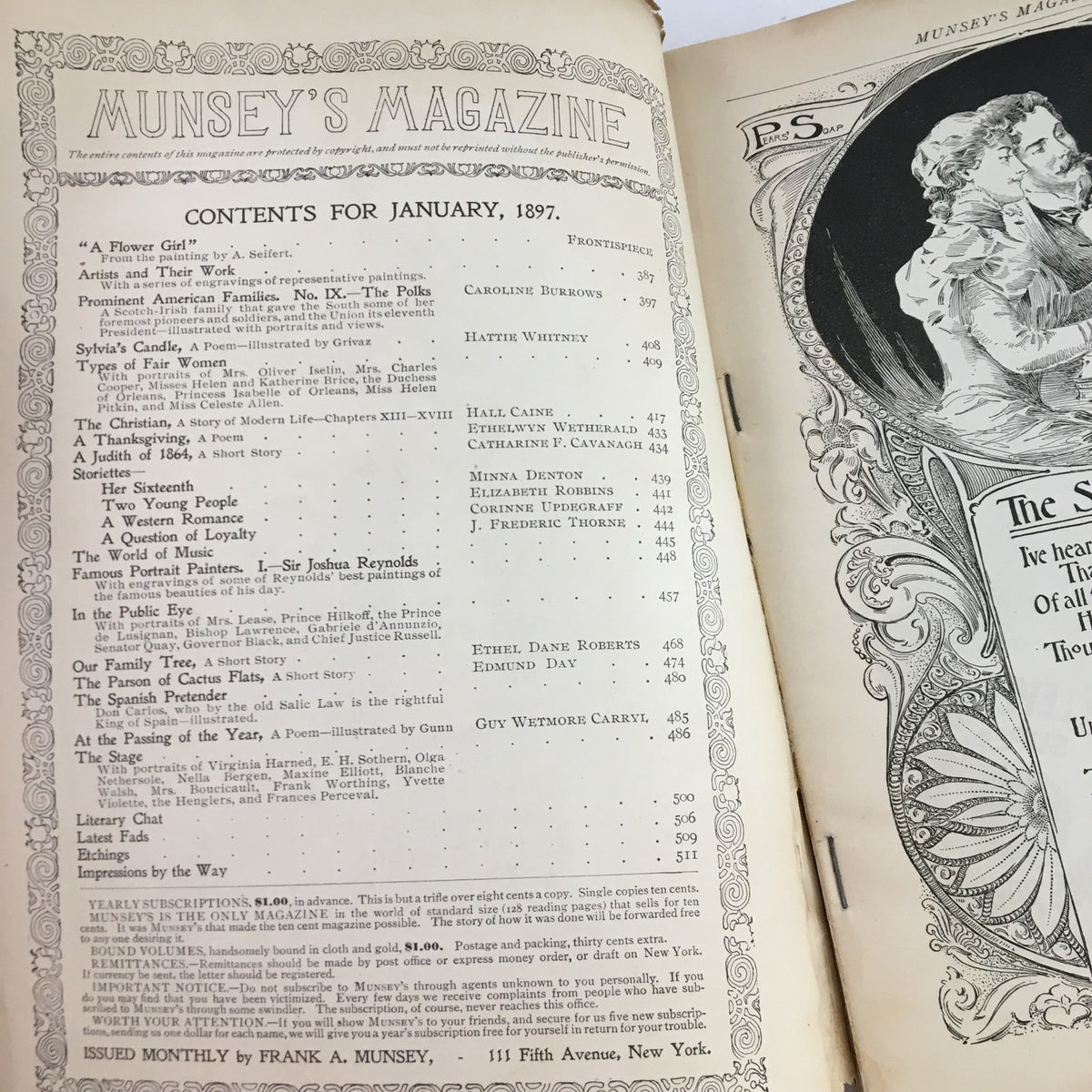 Interior page of Munsey's Magazine January 1897 featuring the table of contents, detailing articles and features within this historical magazine.