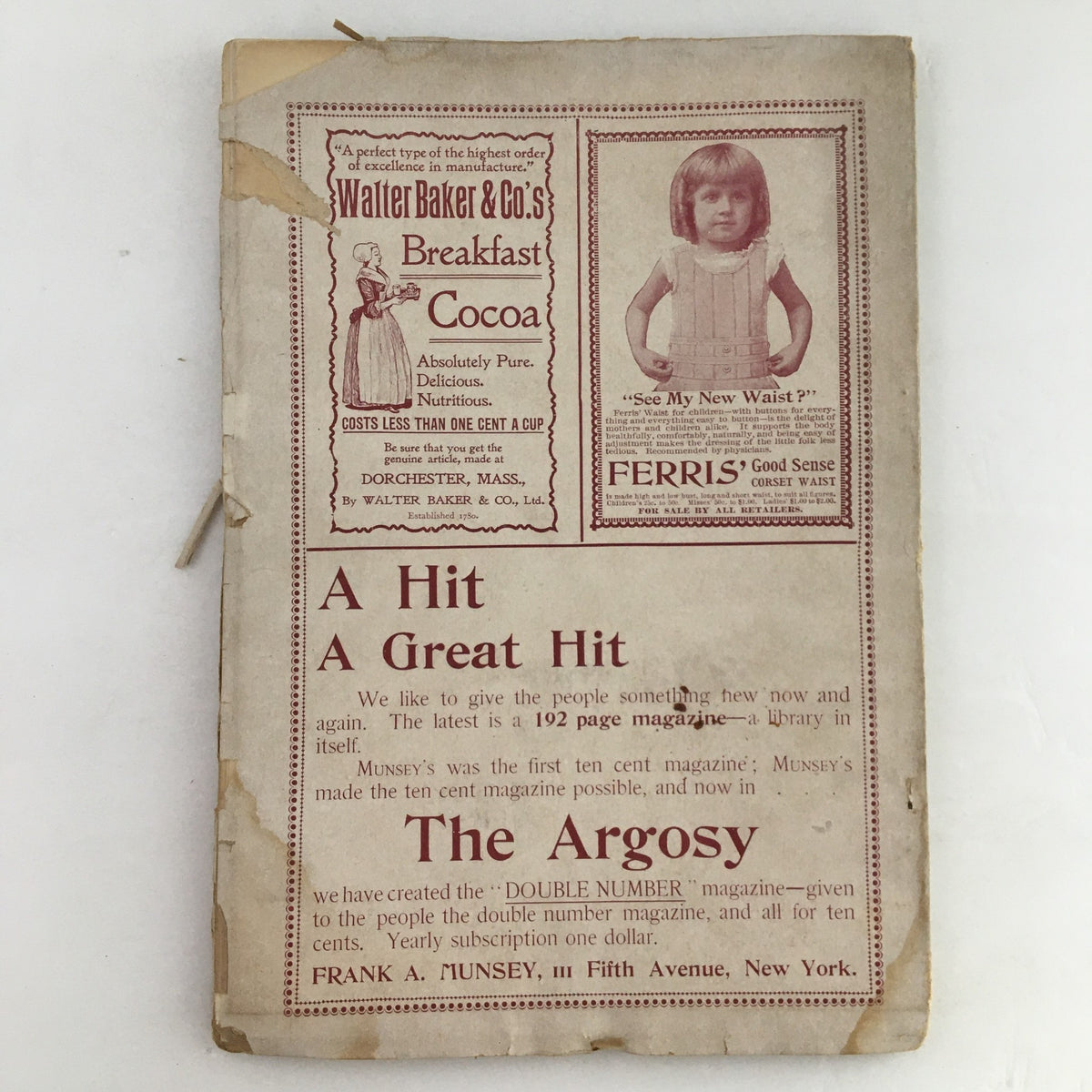 Back cover of Munsey's Magazine January 1897 featuring Walter Baker & Co.'s Breakfast Cocoa advertisement and promotional content.
