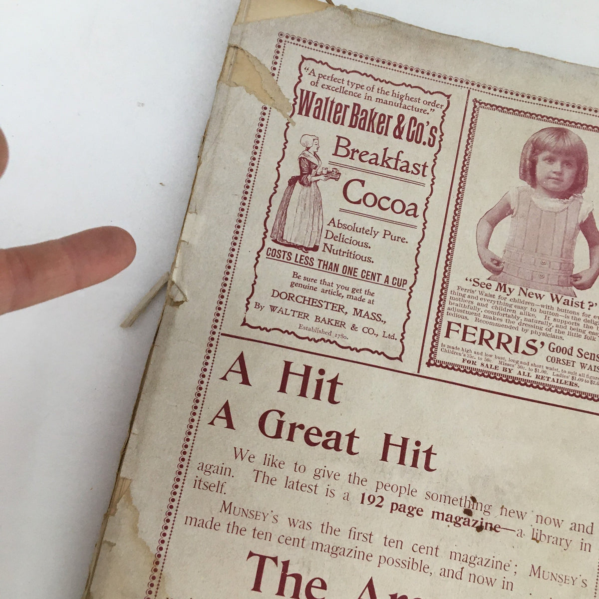 Close-up of the back cover of Munsey's Magazine January 1897 showcasing the Walter Baker & Co.'s Breakfast Cocoa advertisement.
