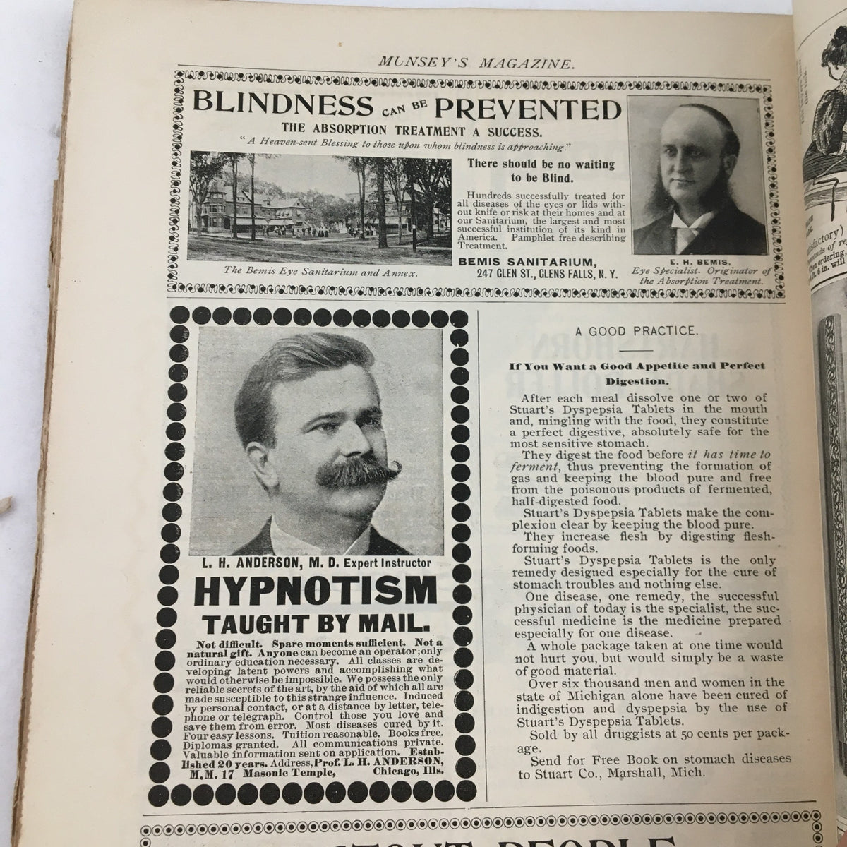 Interior page from Munsey's Magazine January 1897 featuring an advertisement for L. H. Anderson's hypnotism course.