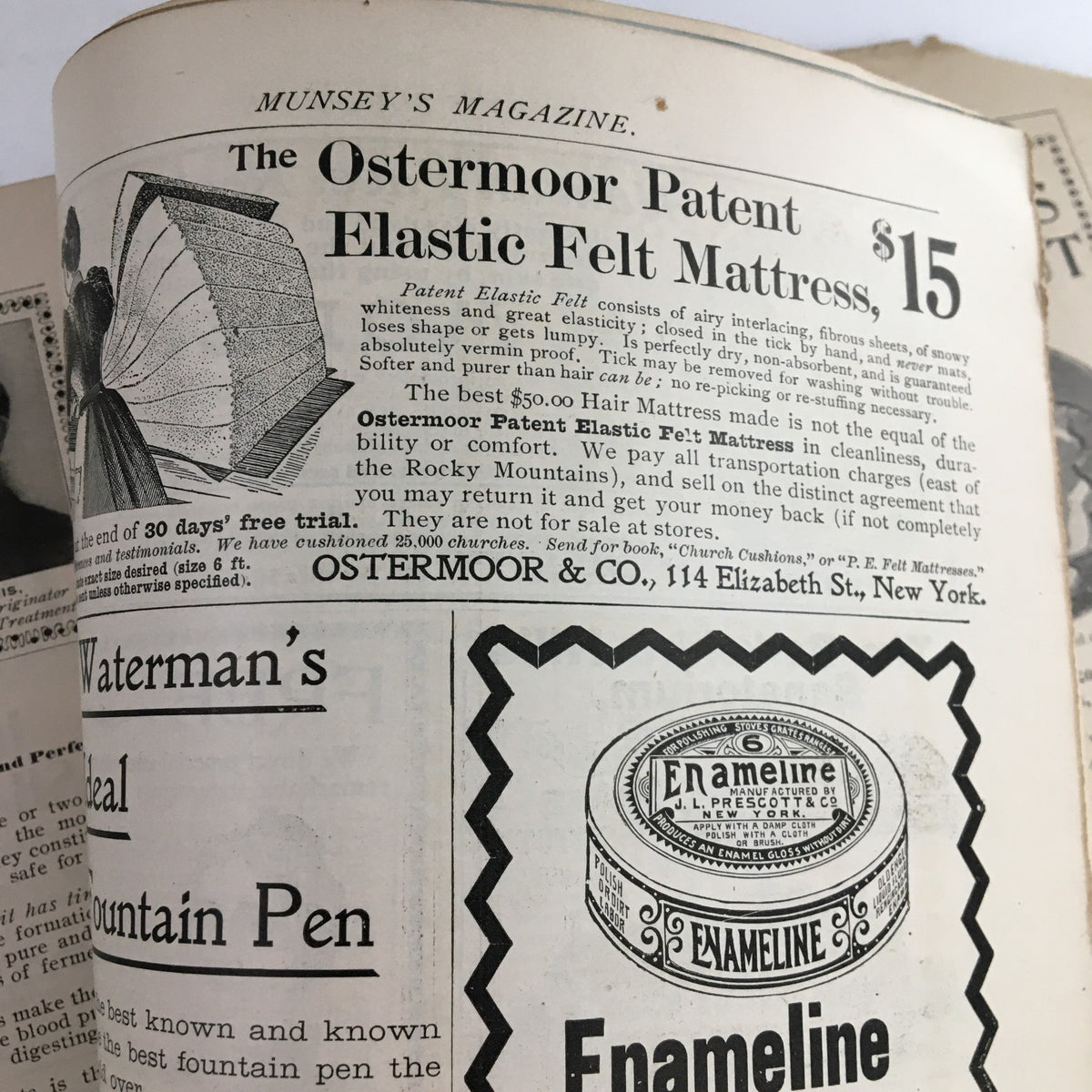 Interior page from Munsey's Magazine January 1897 displaying an advertisement for the Ostermoor Patent Elastic Felt Mattress.
