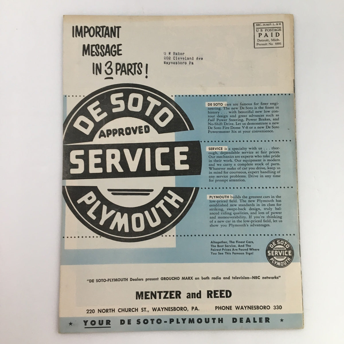 Back cover of People and Places Magazine August 1953 showing an advertisement for De Soto service and Plymouth vehicles.